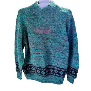 Vintage 90's Fair isle Chunky knit Green-Black Retro Fisherman Mock Neck Sweater